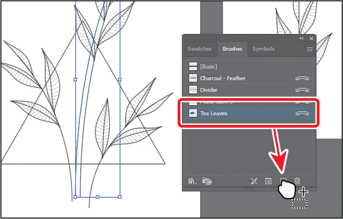 A screenshot shows the Brushes panel overlapping the art board. The Brushes panel shows the brush named Tea Leaves selected and outlined. A hand icon points to the New Brush button at the bottom of the panel. An arrow from the Tea Leaves brush points to the hand icon.