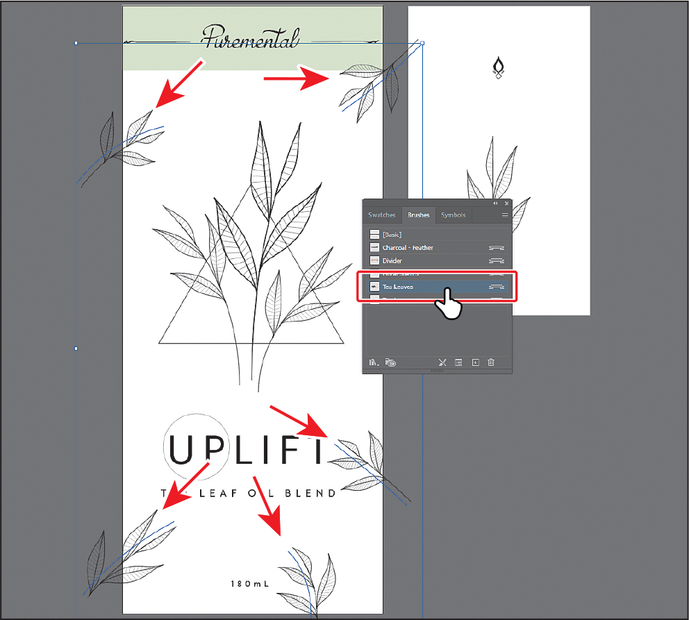 A screenshot shows the art board on the left and Brushes panel on the right.
