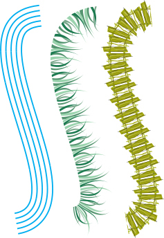 An illustration represents three examples of pattern brushes. The examples resemble curved vertical lines, grass pattern, and a curved shape with horizontal blocks.