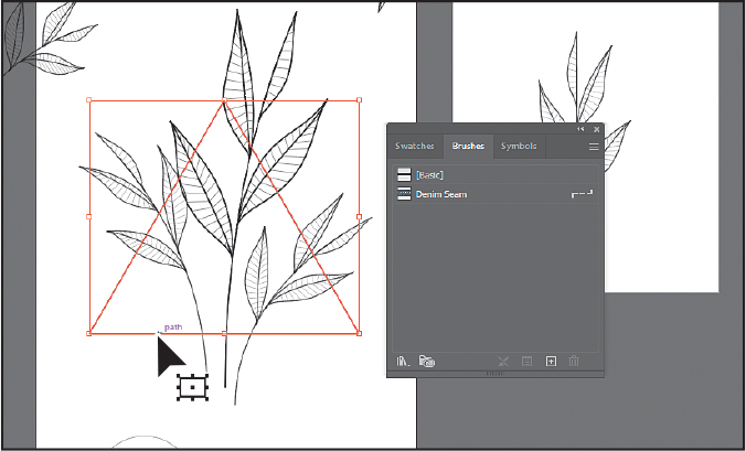 A screenshot shows the Brushes panel overlapping the art board. The Uplift ad on the art board shows three artworks of tea leaves over a triangle. The triangle in the middle is selected using the selection tool.