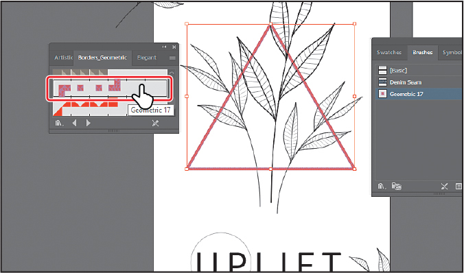 A screenshot shows the Borders_Geometric panel overlapping the art board. Geometric 17 brush in the Borders_Geometric panel is outlined. The Brushes panel on the left shows the brush named Geometric 17 added to the list. The art board shows the triangle in red.