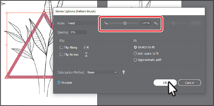 A screenshot shows the Stroke Options (Pattern Brush) dialog box overlapping the art board.