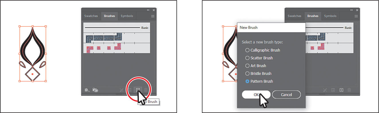 Two screenshots depict creating a pattern brush.