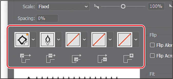 A screenshot shows a portion of the Pattern Brush Options dialog box. The dialog box shows the five tile buttons below the Spacing option outlined.
