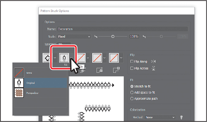A screenshot of the Pattern Brush Options dialog box shows the Side Tile box, the second tile from the left under the Spacing section selected and encircled. The selected Tile box lists three options from which Original is selected.