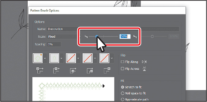 A screenshot of the Pattern Brush Options dialog box shows the Scale slider set to 50 percent outlined.