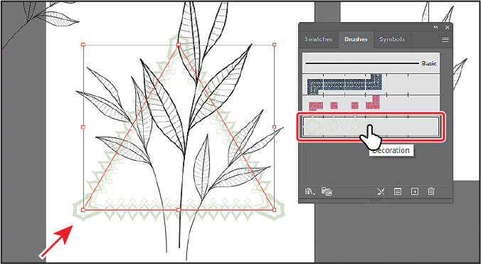 A screenshot shows the Brushes panel overlapping the art board. The art board shows a triangle with the Geometric 17 brush applied selected and an arrow points to the bottom-left corner of the triangle. The Brushes panel shows the Decoration brush selected and outlined.