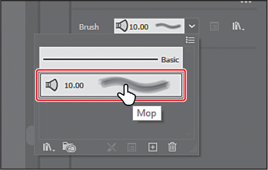 A screenshot of the Properties panel shows the Mop brush selected from the Brush menu. The Mop brush is outlined.