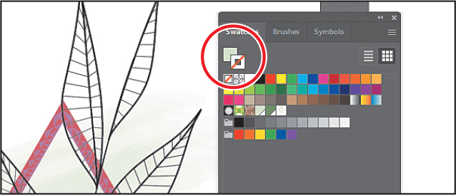 A screenshot shows the swatches panel tab in the brushes panel group. From the swatch panel, none option is selected.