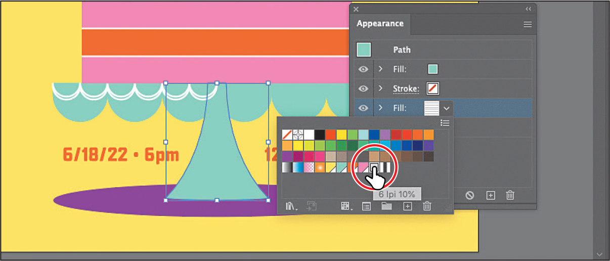 A screenshot shows the appearance panel with the swatches panel open. The swatch labeled 6 l p I 10% is selected. In the artwork behind the panel, the cake stand is selected.