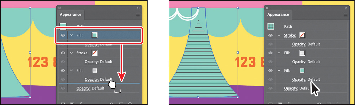 Two screenshots are shown. Screen 1 shows dragging the aqua fill row down to the pattern fill row. Screen 2 show the aqua fill row below the fill row.