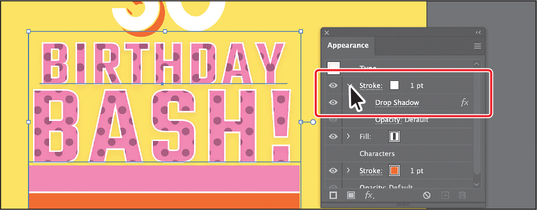 A screenshot shows the appearance panel on the right. The white stroke row and drop shadow option are highlighted. In the artwork behind the panel, the text, birthday bash is selected.