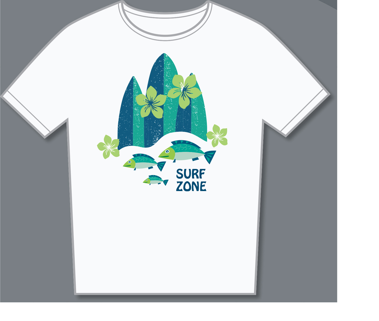 An artwork created using Illustrator shows a white t-shirt with three surfboards, three fishes, and four flowers at its center. Text reads, Surf zone.