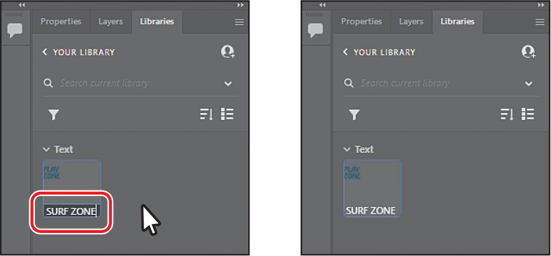 Two screenshots show the steps to change the name of the saved object.