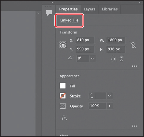 A screenshot shows the Properties panel with the Linked File button, at the top-left corner, highlighted for reference.