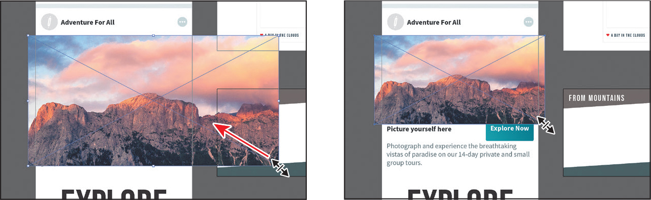 Two screenshots show the process of resizing a linked image.