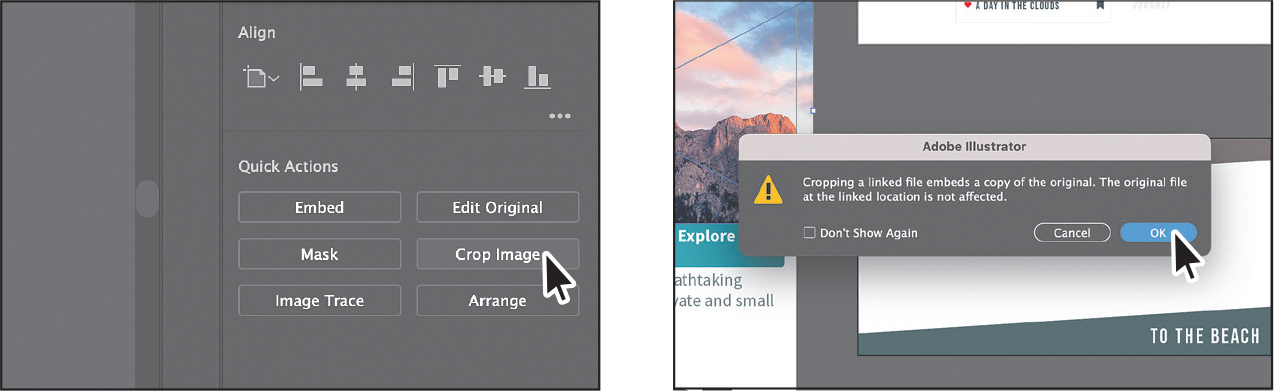 Two screenshots from adobe illustrator show steps to crop an image.