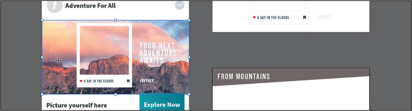 A screenshot of the art board now shows the mountainous image behind a polaroid artwork near the center, and the text, your next adventure awaits.