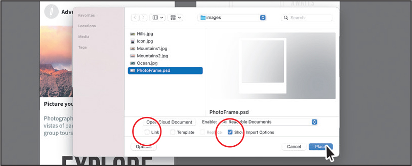 A screenshot shows the initial steps to place a Photoshop document.