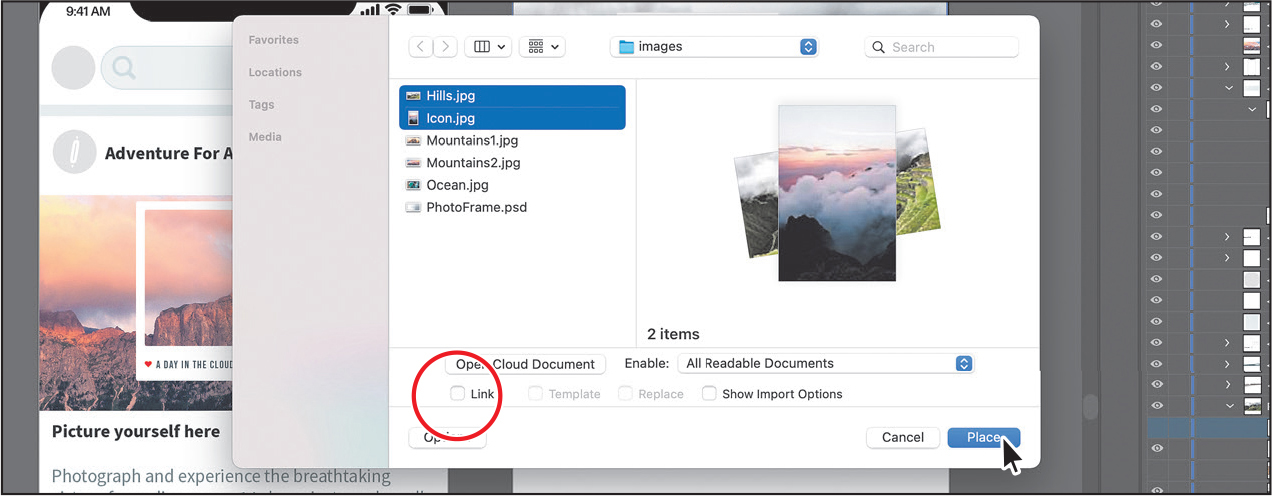A screenshot of the Place dialogue box shows that the Hills dot j p g and Icon, j p g files are selected. However, the Link and Show import options are deselected. The place command button in on the bottom-left corner