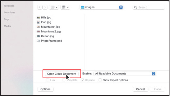 A screenshot of the OS dialogue box shows the cursor pointing at the Open Cloud Document button near the bottom-left corner.