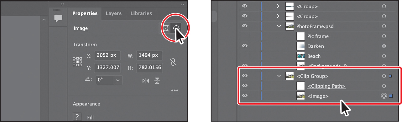 Two screenshots show steps involved in editing a clipping path.