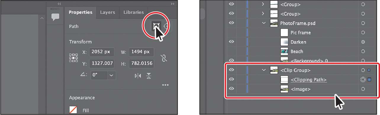 Two screenshots show the steps involved in editing a clipping path.