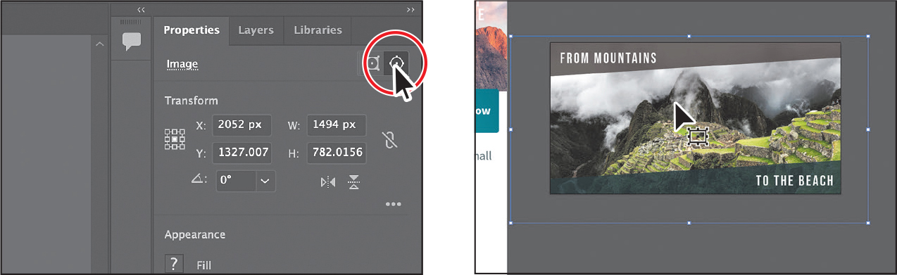 Two screenshots show steps involved in repositioning an image.