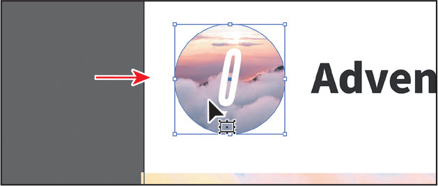 A screenshot shows the circular icon in the art board to the left of the 'Adventure For All' text. An arrow points rightward, from the outside of the art board to the inside to highlight the drag movement.