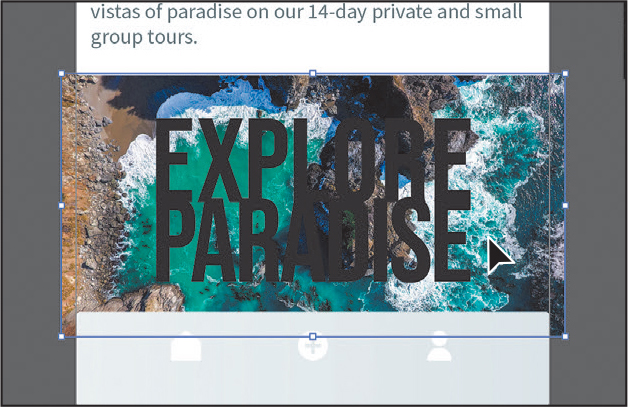 A screenshot of the art board shows the beach image behind the large EXPLORE PARADISE text.