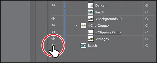 A screenshot of the Layers panel shows the visibility column for the hidden Beach image, at the bottom of the panel, highlighted for reference.