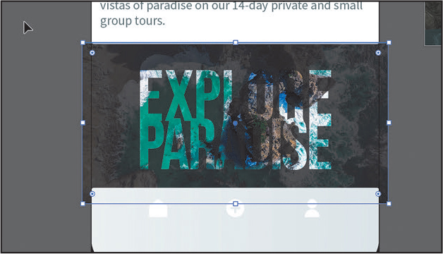 A screenshot of the art board with the, explore paradise, text. A rectangle covers the entire graphic area; the beach image is still hidden.