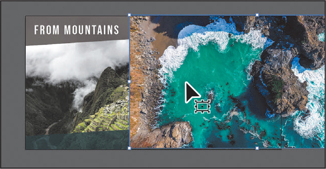 A screenshot shows the art board on the bottom-left. The left half portion of the art board shows the hilly terrain with the text, from mountains. The second half of the art board shows the aerial view of a beach.