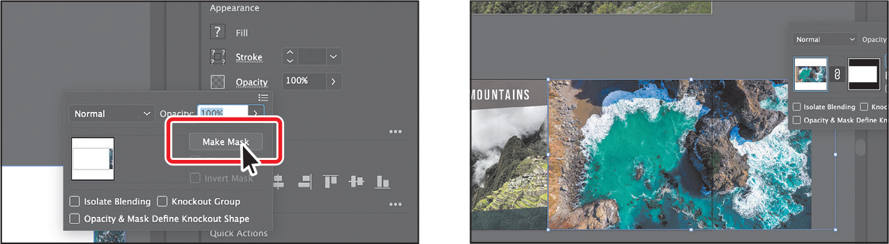 Two screenshots show the process of creating an opacity mask.