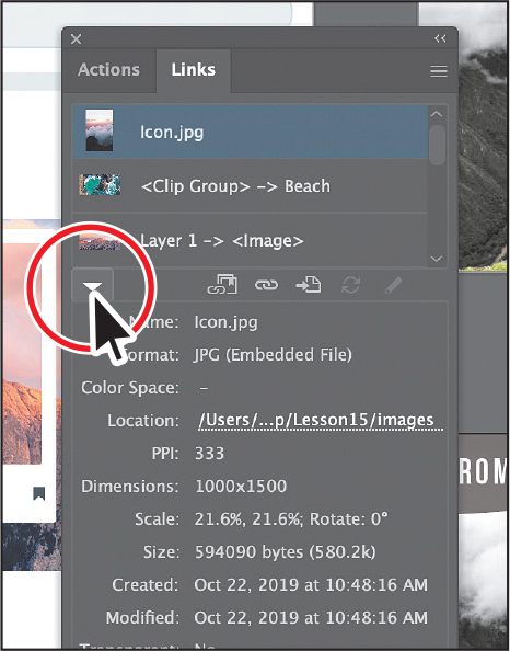 A screenshot of the art board, with the Links panel. The panel shows a list of assets from which the Icon dot jpg file is selected. The discloser triangle pointing downward on the lower-left corner of the panel is highlighted.