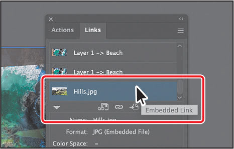 A screenshot shows the links panel. The panel has a list of layers out of which the layer labeled hills dot j p g is highlighted.