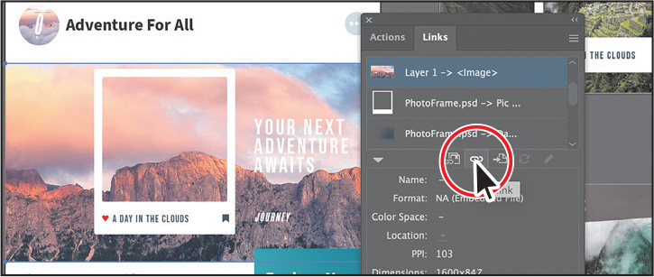 A screenshot of the art board with the Adventure For All text shows the Links panel. In the panel, the Mountains2 dot jpg image is selected, and the Relink button, below the list of images, is highlighted.