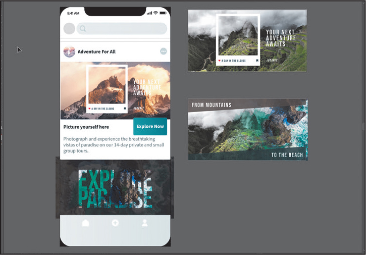 A screenshot shows the final, completed version of the graphic with social images and an app design for a travel company.