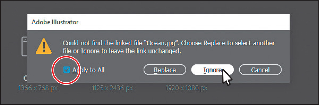 A screenshot shows a warning message in adobe illustrator.