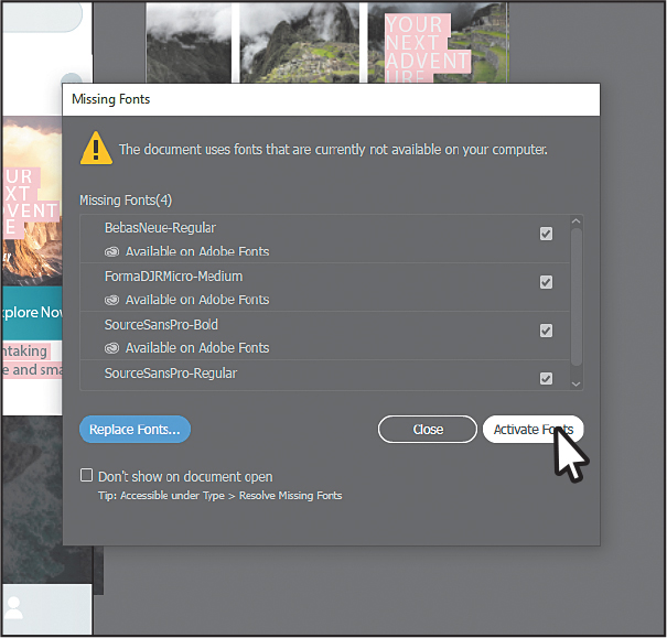 A screenshot shows the Missing Font dialogue box with the pointer or cursor pointing at the Activate Font button.