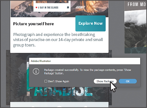 A screenshot shows a dialogue box titled Adobe Illustration. The cursor points at the Show Package button ear the bottom-right corner.