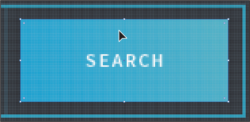 A screenshot shows the text 'SEARCH' at the center of a blue rectangle. There is a blue stroked rectangle surrounding the inner rectangle.