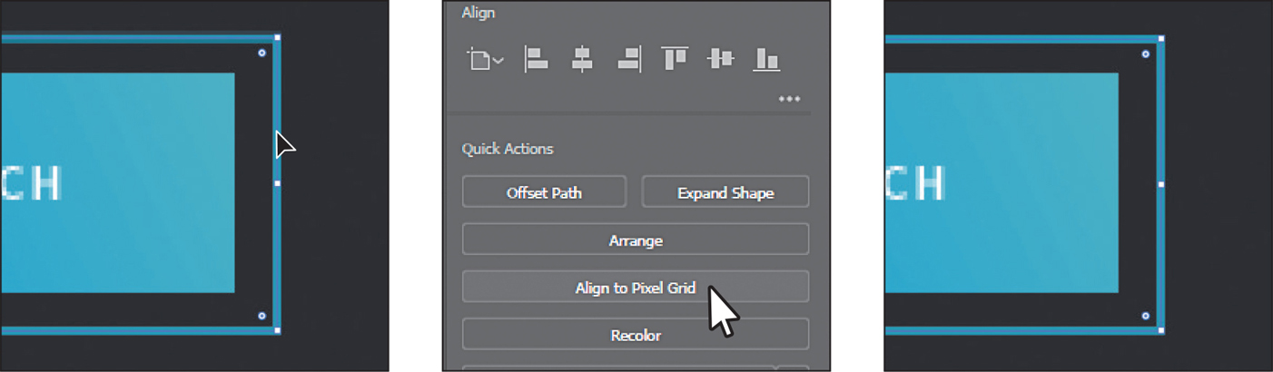 Three screenshots show steps involved in aligning existing artwork to the pixel grid.