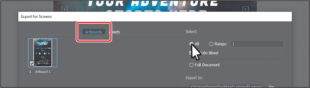 A screenshot shows the Export For Screens dialogue box. In the field for Asset, found on the left side of the dialogue box, the Art boards tab is selected. The option All is selected among the rest of the selectable options on the right side of the dialogue.