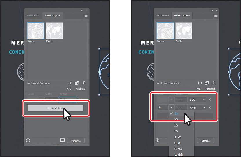 Two screenshots show the steps involved in exporting an asset.