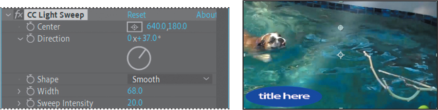Two screenshots showing the CC light sweep panel and the footage of a swimming dog in the composition panel of Adobe after effects window.