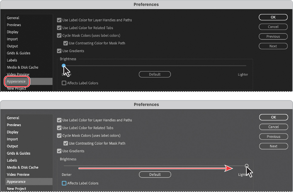 Two screenshots showing the Preferences panel of the Adobe after effects application window.