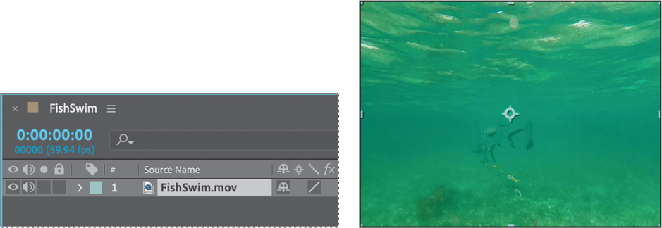 Two screenshots showing the timeline panel and the image of the footage in the composition panel of the Adobe after effects window.