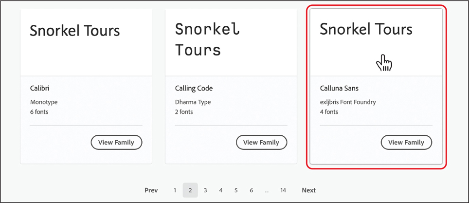 A screenshot of a page displaying three parts titled as follows. The third part title Snorkel tours is highlighted. The text on the part reads, Calluna Sans, exlibris font foundry, 4 fonts. A button labeled view family is placed.