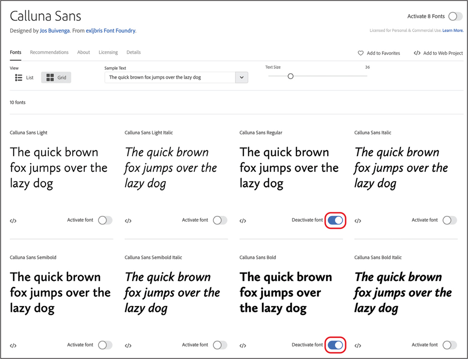 A screenshot showing the different varieties of the Calluna Sans font from the Adobe Fonts website.